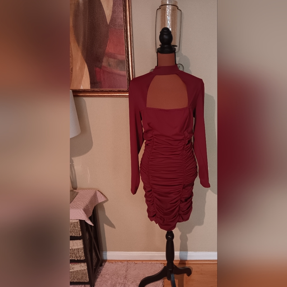 FTF Burgundy Long Sleeve Ruched Mock Neck Bodycon Dress, Size 1X